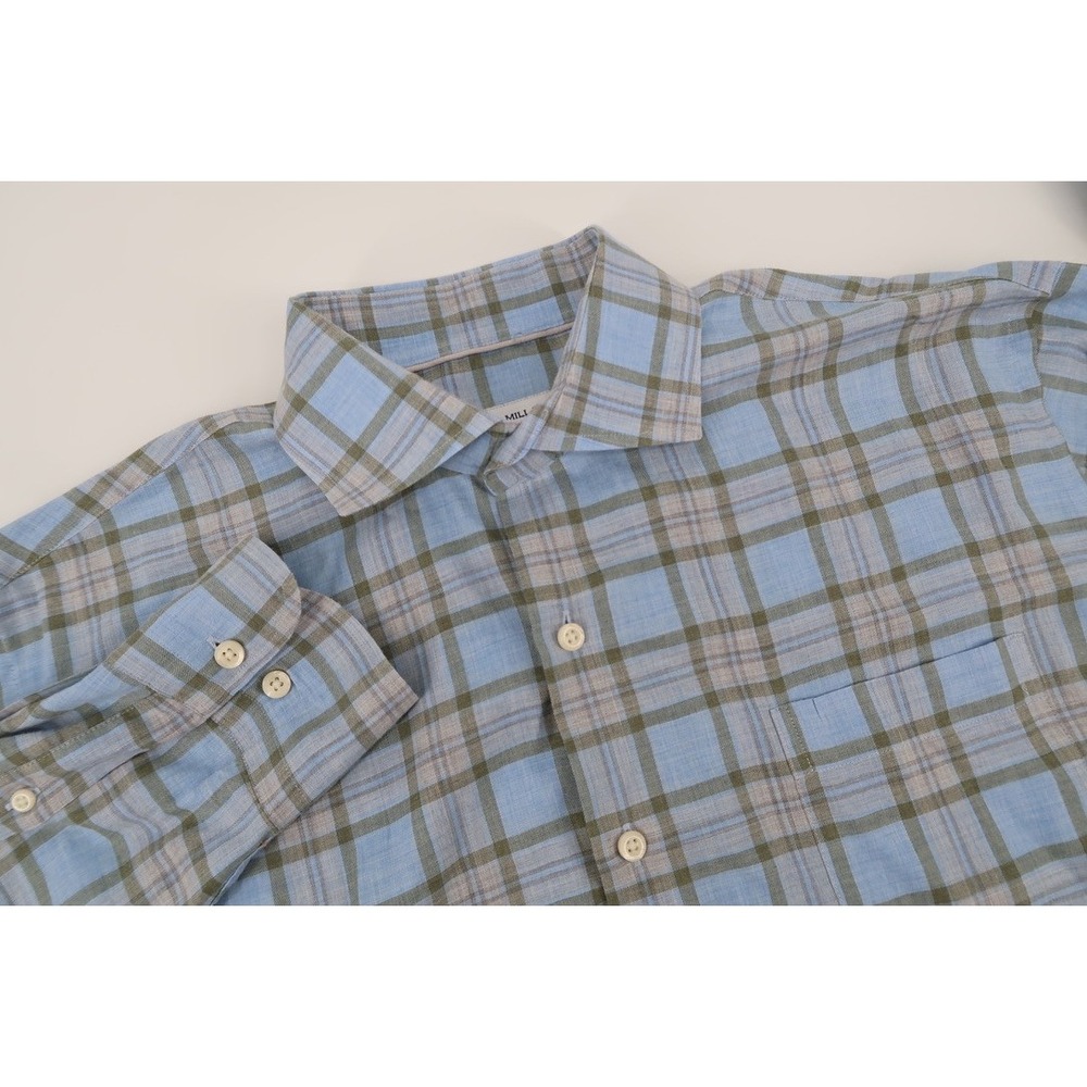 Peter Millar Button Front Shirt Mens Large Blue Green Plaid Cotton Long Sleeve